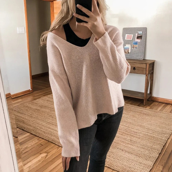Something Navy Acrylic Nylon Wool Knit Pink V Neck Casual Oversized Sweater M - Picture 1 of 6